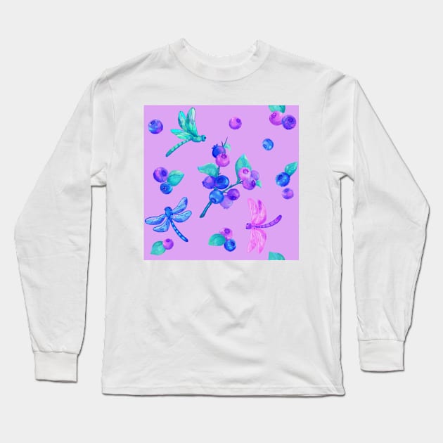 Blueberries and dragonflies Long Sleeve T-Shirt by anemoneglow